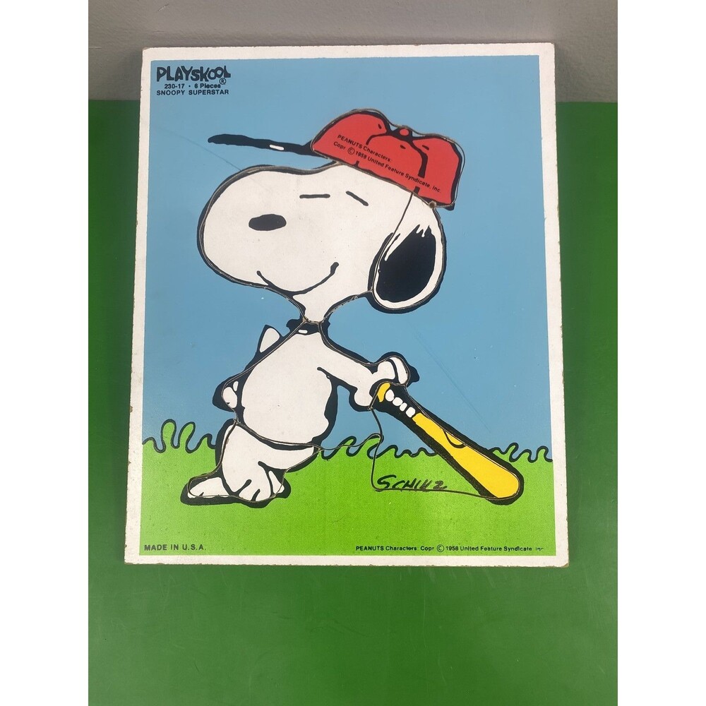 Vintage Playskool Snoopy Superstar Baseball Wood Puzzle 6 Pieces Peanuts 1958